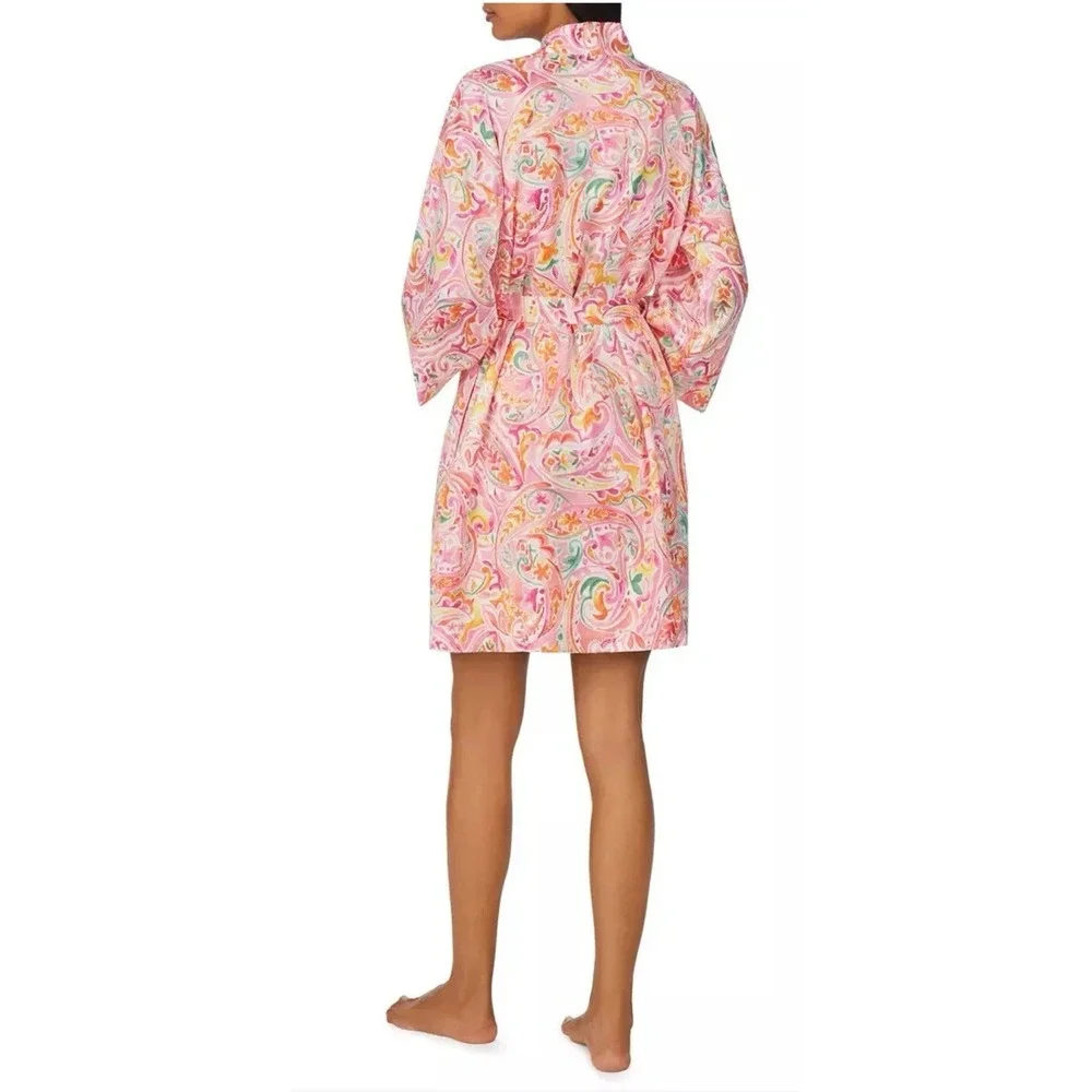 Lauren Ralph Lauren Women's Size L Satin Paisley Print‎ Robe Pink Belted Pockets